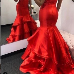 Jovani Red Satin Off Shoulder